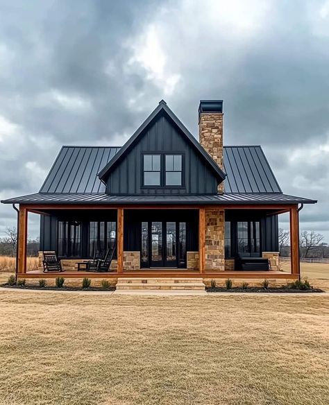 Barndominium Black Exterior, Black Barndominium Floor Plans, Moody Farmhouse Exterior, Dark Barndominium, Dark Barndominium Exterior, Cedar House Exterior, White House Black Trim Cedar Accents, Black And Cedar House Exterior, Black Barndominium Exterior