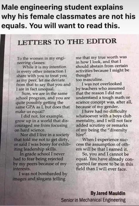 Radical Feminism, Letter To The Editor, Human Decency, Faith In Humanity Restored, Engineering Student, Humanity Restored, Feminist Quotes, Social Commentary, The Editor