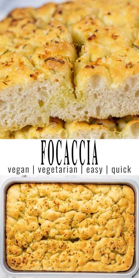 Collage of two pictures of the Focaccia: Top picture shows a closeup of stack of two large slices of the Focaccia bread with the crispy crust and soft center. Bottom picture is a top view on baking pan with the Focaccia as it comes fresh from the oven. A text with the recipe title separates the two pictures. Vegan Focaccia Bread, Vegan Focaccia, Garlic Infused Oil, Easy Mediterranean Recipes, Vegan Starters, Clean Eating Vegan, Focaccia Bread Recipe, Vegan Baked, Sandwich Bread Recipes