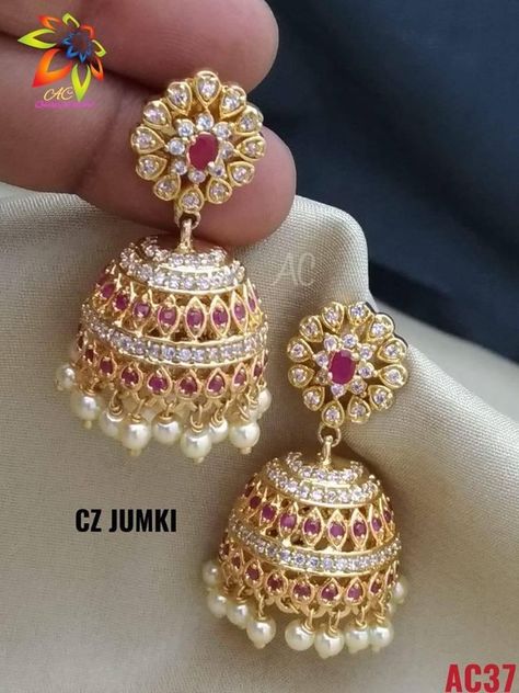 Beautiful one gram gold jumkhis studded with multi color CZs. Jumkhis with bead hangings.  10 November 2019 Islam Images, Churidar Neck, Gold Jhumka, Churidar Neck Designs, Gold Jhumka Earrings, Choker Necklace Designs, 10 November, New Gold Jewellery Designs, Wedding Design Decoration