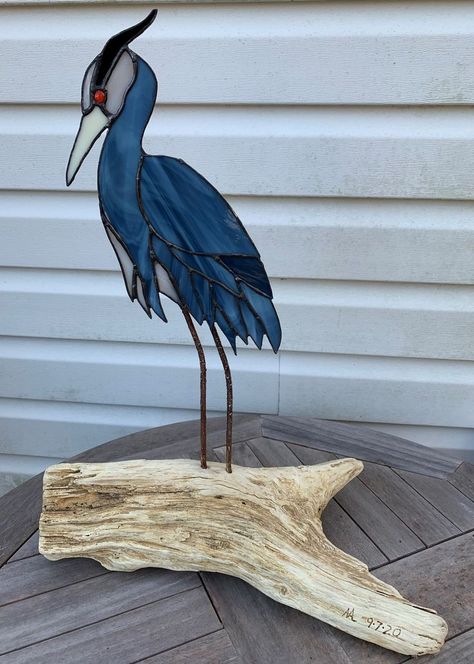 Blue Heron Stained Glass Window, Stained Glass Blue Heron, Stained Glass Heron, Stained Glass Birds Patterns, Blue Herring, Wood Mosaics, Stain Glass Window Art, Stained Glass Studio, Horse Harness