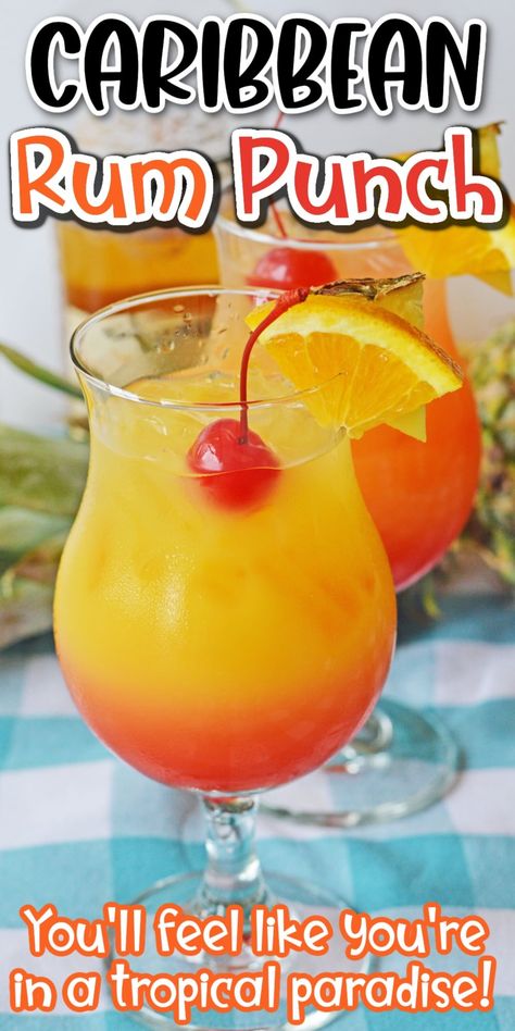 This Caribbean rum punch cocktail combines fruit juices with light and dark rum for a sweet and refreshing summer drink. As pretty as it is delicious, it’s guaranteed to make you feel like you’re in a tropical paradise! Carribean Rum Punch, Light Rum Drinks, Caribbean Rum Punch Recipe, Jamaican Rum Punch Recipes, Dark Rum Drinks, Alcoholic Fruit Punch, Caribbean Rum Punch, Light Summer Drinks, Rum Drinks Easy