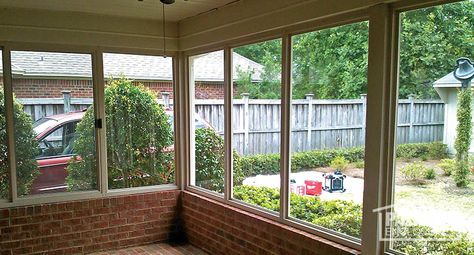 Porch enclosure with existing brick knee-wall and foundation (Interior) Enclosed Patio Ideas, Porch Enclosure, Brick Porch, Porch Interior, Porch Kits, Porch Enclosures, Screened Porch Designs, Enclosed Porch, Knee Wall