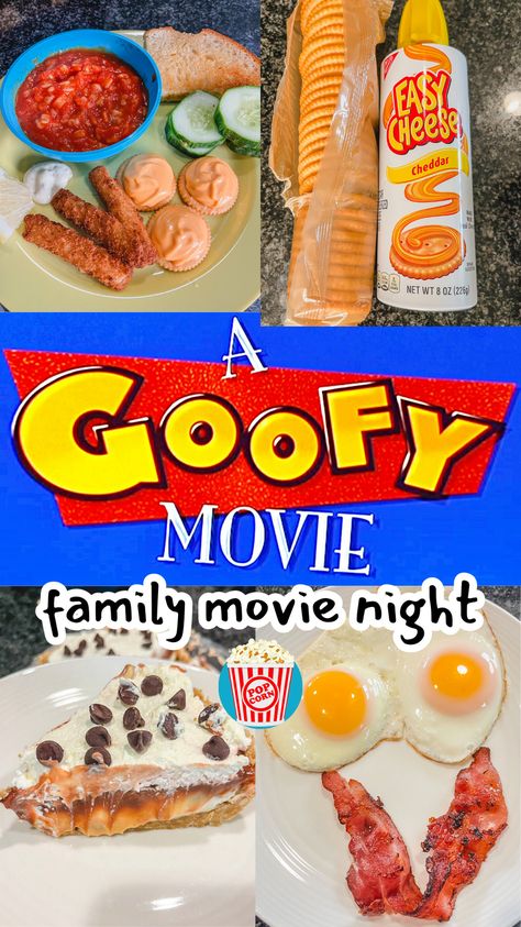 Here's what's on the menu for A Goofy Movie!  For breakfast, we're having Goofy's Shortstacks & Max's Smiley Platter, and for dinner it's The Perfect Cast Fish Sticks and Lester's Possum Pie for dessert!   #familymovienight #disneymovienightdinner #disneymovies #disneyfamilymovienight Goofy Movie Pizza Recipe, Goofy Movie Food, Goofy Movie Party Ideas, A Goofy Movie Dinner And A Movie, Cinderella Movie Night Food, Goofy Movie Party, Goofy Movie Dinner, Dinner And A Movie Ideas, Themed Movie Night Ideas