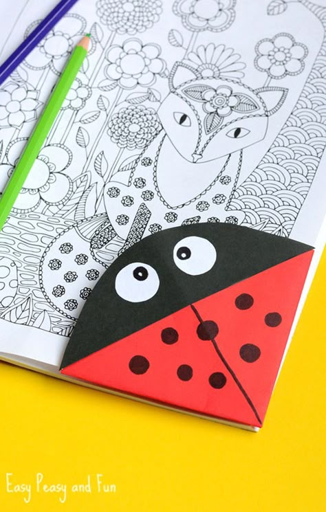 Ladybug Corner Bookmark - Origami for Kids - Easy Peasy and Fun                                                                                                                                                                                 More Origami For Kids, Origami Bookmarks, Penanda Buku, Origami Bookmark, Ladybug Crafts, Corner Bookmark, Origami For Beginners, Origami Fish, Origami Love