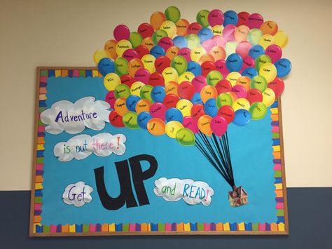 Back to school 2015! It's a Pixar theme at school and here is our UP theme reading challenge board! Each teacher and administrator has an individual balloon! Up Movie Classroom Theme, Up Classroom Theme, Raise Craze, Disney Bulletin Boards, Up Bulletin Board, Display Boards For School, 100th Day Of School Crafts, Elementary Classroom Themes, Diy Kid Activities