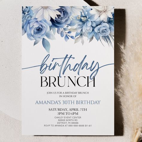 Blue And White 40th Birthday Party, Blue Brunch Decor, Birthday Brunch Invitations, Blue Bridal Shower Decorations, Birthday Brunch Party, Botanical Birthday, 22 Bday, Birthday Dinner Invitation, Blue Dior