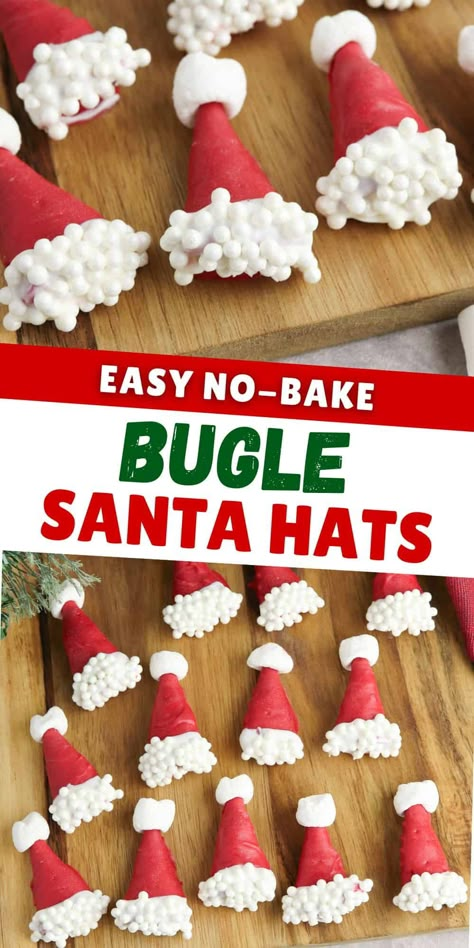 Bugle Santa Hats Easy Kids Christmas Treats, Recipes With Bugles, Bugles Christmas Treat, Chocolate Bugles, Elf Hats Bugles, Bugle Santa Hats, Bugle Christmas Treats, Bugles Dipped In White Chocolate, Bugle Snack Mix Sweet