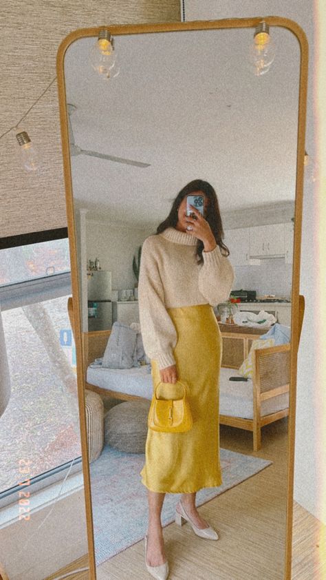 Aesthetic
Fashion 
Midi skirt
Ootd
Yellow Yellow Dress Winter Outfit, Turtle Neck Midi Dress Outfit, Turtle Neck Under Dress Outfit, Yellow Skirt Outfit Winter, Tshirt Over Turtleneck Outfit, Yellow Midi Skirt Outfit, Silk Dress Outfit Winter, Midi Silk Skirt Outfit, Styling A Midi Skirt