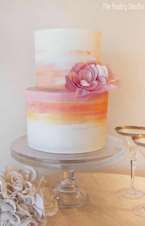 Orange And Pink Wedding Cake, Watercolor Cake Tutorial, Sunset Cake, Ombre Wedding Cake, Wedding Cakes Ideas, Watercolor Wedding Cake, Colorful Wedding Cakes, Watercolor Cake, Romantic Wedding Cake