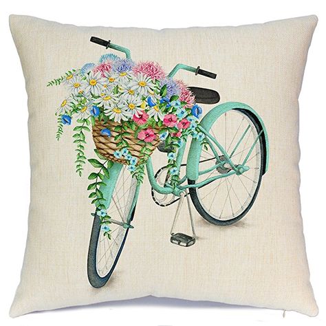 AENEY Blue Bicycle Flower Vintage Spring Home Decorative Throw Pillow Case Cushion Cover Cotton Linen Home Decor for Couch Sofa Bed Chair 18 X 18 Inch  $7.99 Blue Bicycle, Country Flowers, Spring Pillows, Tapestry Cushion, Tapestry Pillow, Floral Pillow Cover, Flower Vintage, Vintage Spring, Farmhouse Pillows