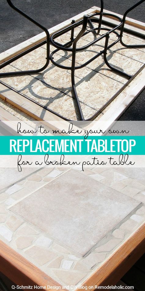 Broken patio table top? No problem! Make your own replacement tabletop with some lumber and tile. Tutorial by Q-Schmitz on Remodelaholic.com. Patio Table Redo, Tile Patio Table, Patio Table Top, Diy Patio Table, Table Redo, Diy Table Top, Diy Outdoor Table, Outdoor Table Tops, Tile Table