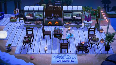 Acnh Beach Bar Design, Acnh Seafood Stall, Beach Restaurant Acnh, Acnh Seafood Restaurant, Animal Crossing Seafood Restaurant, Acnh Sushi Bar Beach, Acnh Beach Tiki Bar, Animal Crossing Cafe, Seaside Restaurant