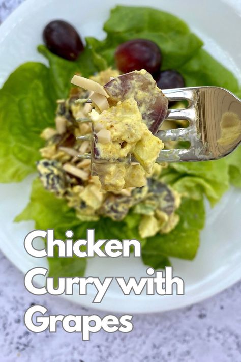 A fork with a scoop of chicken curry and grapes held over a bed of lettuce. Curry Chicken Salad With Grapes, Curry Salad, Curry Chicken Salad, Salad With Grapes, Chicken Salad With Grapes, Raw Chicken Breast, Chicken Curry Salad, Grape Salad, Sandwich Fillings