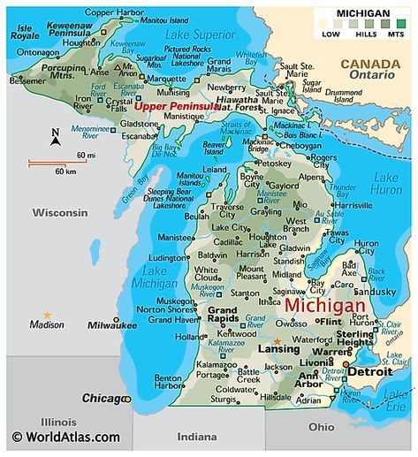 Physical Map of Michigan Copper Harbor Michigan, America Outline, Map Of Michigan, Michigan Map, Midwest Region, Keweenaw Peninsula, Mackinac Bridge, Physical Map, North America Map