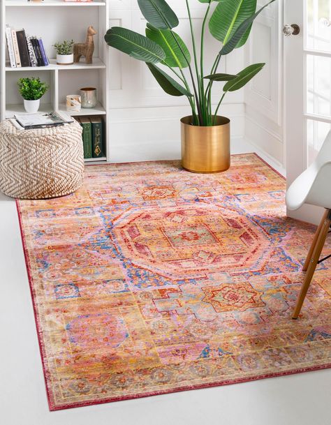 Bold Living Room Rug, Peach Rug Living Room, Colorful Rugs In Living Room, Charlotte Apartment, Management Office, Fresh Bedroom, Peach Rug, Aqua Rug, Outdoor Table Runner