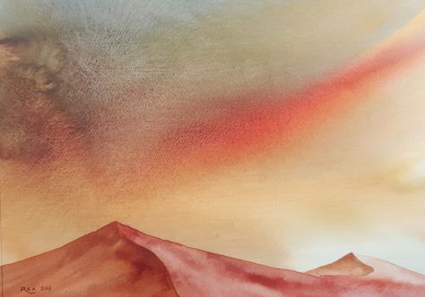 Dessert Sunset Painting, Desert Rose Watercolor, Watercolour Desert Landscape, East Watercolour Painting, Desert Watercolor Paintings, Watercolor Desert Landscape, Desert Sunset Painting, Desert Watercolor, Desert Sunrise