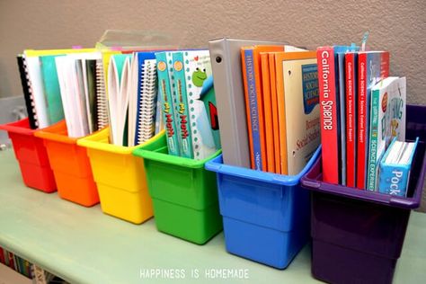 Homeschool Book Organizer Bins Elementary Homeschool Room, Organization Homeschool, Organizing Kids Books, Elementary Homeschool, Homeschool Room Organization, Book Organizer, Organizational Hacks, Book Bins, Homeschool Supplies