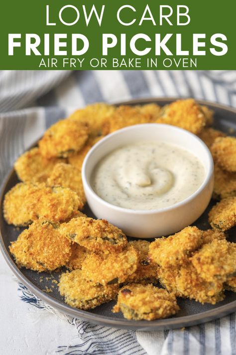 These Low Carb Fried Pickles are a delicious and crispy Whole30 and paleo appetizer! They can be made in the air fryer or oven in less than 20 minutes. Low Carb Fried Pickles, Healthy Fried Pickles, Keto Fried Pickles, Paleo Appetizer, Deep Fried Pickles, Whole 30 Snacks, Paleo Appetizers, Dill Pickle Chips, Pickles Recipe