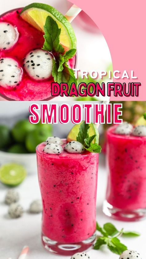 A light and refreshing smoothie recipe that’s so easy to make! It gets it’s pretty pink color from the dragon fruit which pairs so perfectly with all of those tart and tangy tropical flavors! Dragon Fruit Pineapple Smoothie, Things To Make With Dragon Fruit, Pitaya Recipes, Vegetable Fruit Smoothie Recipes, Simple Healthy Smoothie Recipes, Fruit Slushies, Dump Ranch, Dragon Fruit Drink, Dragonfruit Recipes