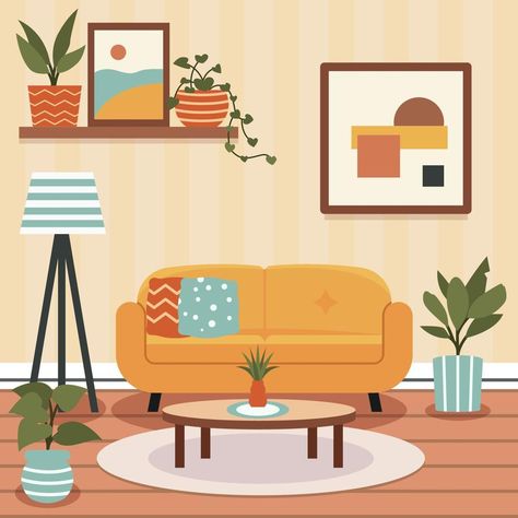 Living Room Vector Illustration, Lounge Illustration, Room Decor Illustration, Furniture Reference, Living Room Vector, Living Room Cartoon, Living Room Illustration, Background References, Flat Character