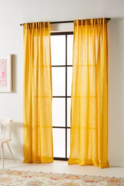 Yellow Curtains Bedroom, Unique Window Treatments, Living Colors, Yellow Curtains, Living Room Door, Linen Curtain, Yellow Bedroom, White Curtains, Window Drapes