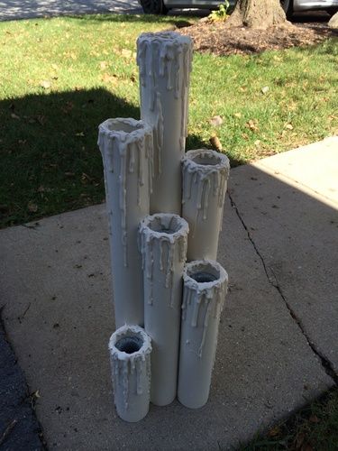 Pvc Pipe Candles, Cemetery Columns, Pvc Candles, Halloween Candles Diy, Läskig Halloween, Halloween Forum, Fake Candles, Halloween Props Diy, Halloween Graveyard