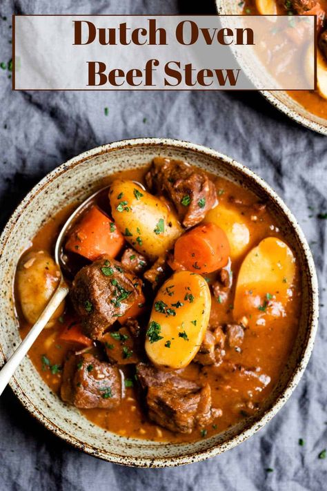 Best stew recipe! This Dutch oven beef stew is super easy to make and has meltingly tender pieces of beef, carrots, and potato. Dutch Oven Beef Stew Recipes, Best Stew, Best Stew Recipe, Dutch Oven Soup, Dutch Oven Beef Stew, Roast Carrots, Oven Beef Stew, Dutch Oven Beef, Beef Stew Meat Recipes