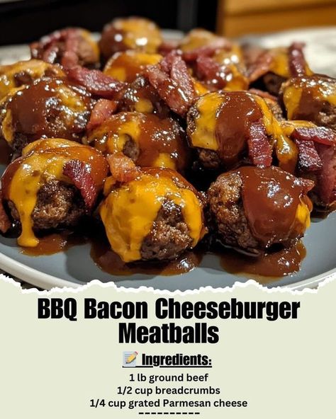 yummy recipes 🌭🥘 | 🍔 BBQ Bacon Cheeseburger Meatballs - flavor explosion in every bite | Facebook Cheeseburger Meatballs, Bbq Bacon Cheeseburger, Vegetarian Roast, Bbq Chicken Breast, Recipes Bbq, Easy Crockpot Dinners, Pumpkin Dishes, Bbq Bacon, Meatball Ingredients