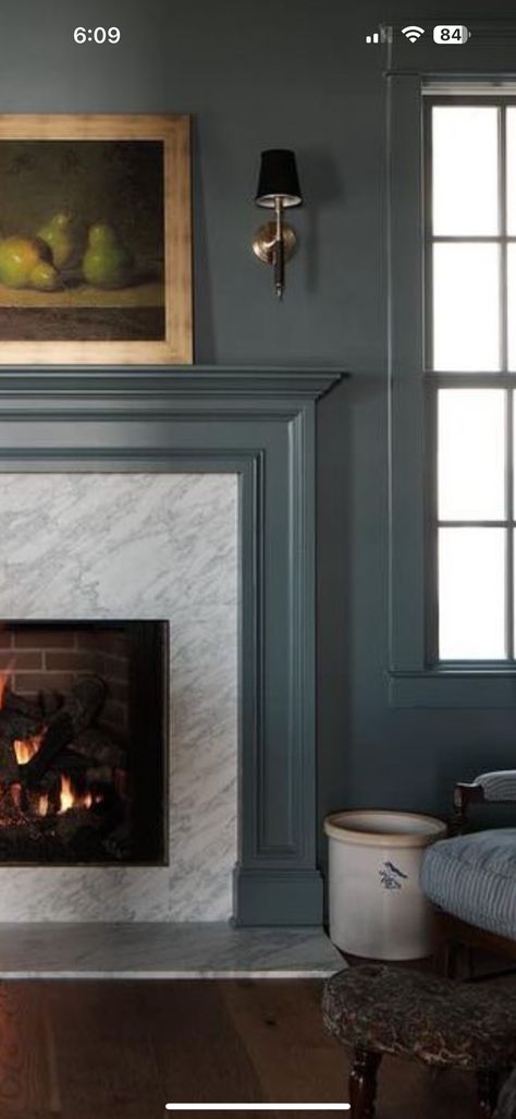 Wall Paneling Around Fireplace, Blue Fireplace, Painted Fireplace, Painted Fireplace Mantels, Painted Mantle, High Gloss Paint, Paint Fireplace, White Fireplace, Corner Fireplace