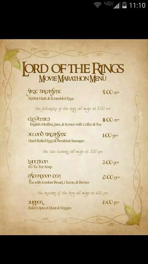 Lord Of The Rings Second Breakfast, Lord Of The Rings Movie Marathon Food, Lord Of The Rings Recipes Meals, Hobbit Meal Times, Hobbit Meals Schedule, Lord Of The Rings Movie Night Food, Lord Of The Rings Marathon Ideas, Lotr Movie Marathon Food, Lord Of The Rings Meal Plan