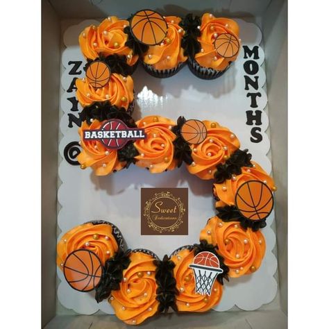 Cupcakes Shaped Like Numbers, Cupcakes In Shape Of Numbers, Pull Apart Basketball Cupcake Cake, Basketball Theme Cupcakes, Basketball Cupcake Cake, Halloween Number Cake, Pull Apart Number Cupcakes, Basketball Cupcakes Ideas, Cake Basketball