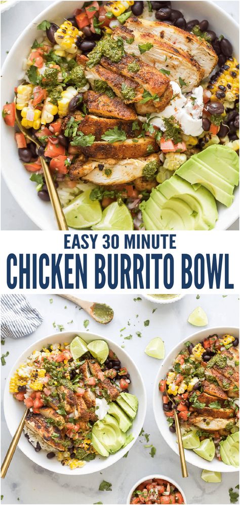 Easy Chicken Burrito Bowl, Easy Chicken Burrito Bowl Recipe, Chicken Burrito Bowl Recipe, Burrito Bowl Recipe, Chicken Taco Bowls, Chimichurri Chicken, Grilled Taco, Burrito Bowls Recipe, Fluffy Rice