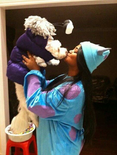 Halloween Costumes Women And Dog, Monsters Inc Dog Costume, Dog Duo Costumes, Dog And Person Halloween Costumes, Dog Halloween Costumes With Owner, Sully And Boo Costume, Goat Costume, Dog And Owner Costumes, Buu Monster Inc