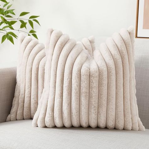 Amazon.com: decorUhome Faux Fur Throw Pillow Covers 20x20 Set of 2, Decorative Soft Plush Striped Couch Pillow Covers with Velvet Back for Sofa, Bed, Living Room, Khaki : Home & Kitchen Striped Couch, Beige Couch, Neutral Pillow Covers, Sofa Bed Living Room, Bed Living Room, Beige Throw Pillows, Beige Pillow Covers, Modern Pillow Covers, Couch Pillow Covers