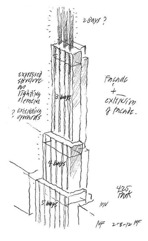 Gallery - Foster + Partners Break Ground on 425 Park Avenue - 11 Norman Foster Sketch, Urban Regeneration, Conceptual Sketches, New York Office, Foster Partners, Norman Foster, Office Tower, Sketching Drawing, Architecture Concept Drawings