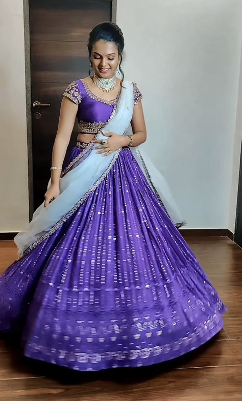 Purple Combination Lehenga, Combination With Purple Lehnga, Violet Lehanga Combinations, Lavender Colour Lehenga Design, Lavender Colour Half Saree, Light Purple Colour Lehenga, Floral Blouse Designs, Mirror Work Blouse Design, Baby Birthday Dress