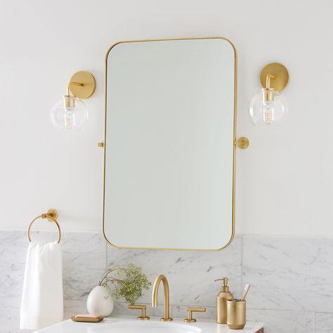 Metal Frame Pivot Wall Mirror - Rectangle | West Elm Corner Bathroom Mirror, Pivot Bathroom Mirror, Rectangle Bathroom Mirror, Pivot Mirror, Rectangle Bathroom, All White Bathroom, Corner Mirror, Mirror For Wall, Moon Mirror