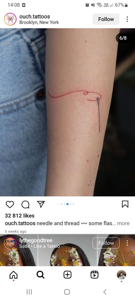 Red Thread Tattoo, Needle And Thread Tattoo, Red String Of Fate Tattoo, Invisible String Tattoo, Thread Tattoo, String Tattoo, Fate Tattoo, Red String Of Fate, Wearable Art Clothing