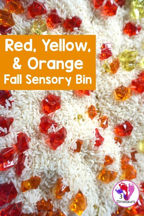 Red Yellow & Orange Sensory Bin – 3 Dinosaurs Red Sensory Bin, Pre K Orange Activities, Color Red Sensory Bin, Orange Rice Sensory Bin, Autumn Sensory Bin, Fall Sensory Bin Taste Safe, Magic Tree House Activities, Third Grade Sight Words, Fall Sensory Bin