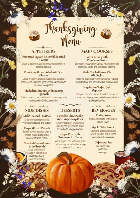 Thanksgiving Menu Ideas Printable Template | PosterMyWall Thanksgiving Menu Printable, Thanksgiving Menu Template, Prime Rib Seasoning, Thanksgiving Templates, Thanksgiving Menu Ideas, Pecan Salad, Appetizer Menu, Roasted Pecans, Cranberry Sauce Homemade