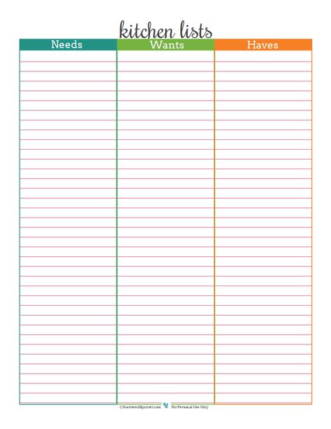 Kitchen lists to help keep track of what you have, what you need and what you want for your kitchen. Free printable from ScatteredSquirrel.c... Binder Printables Free, Reading Journal Printable, Recipe Book Diy, Free Printables Organization, Family Binder, Household Binder, Binder Printables, Dust Bunnies, Discbound Planner