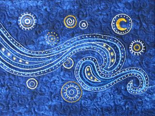 Van Gogh Night Sky, Night Sky Embroidery, Van Gogh Night, Award Winning Quilts, Sky Quilt, A Level Textiles, Vincent Van Gogh Paintings, Abstract Quilt, Embroidery Stitching