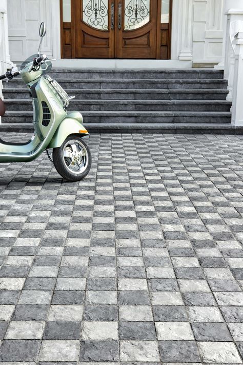 Techo-Bloc's Valet pavers are a great way to add character and a touch of luxury to a driveway. These 6 ½ by 6 ½ inch Square units come in 6 colors for the ultimate in mix and match versatility and pattern creation. Driveway Tiles, Luxury Driveway, Driveway Apron, Paver Steps, Interlocking Pavers, Shale Grey, Landscape Pavers, Paver Designs, Basalt Stone