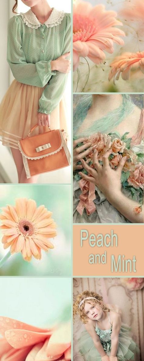 Peach And Mint Color Palette, Peach Contrast Colour, Color Board, Mood Colors, Color Collage, Theme Color, Sweet Peach, Color Balance, Mint Color