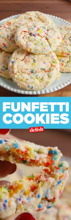 Funfetti Cookies give birthday cake a run for its money. Get the recipe from Delish.com. Fingertips Cake Mix Cookies, Fingertips Cookies, Fingertips Cake, Birthday Cake Cookies, Funfetti Cookies, Birthday Cookie, Dessert Recipies, Cookie Cake Birthday, Cake Mixes