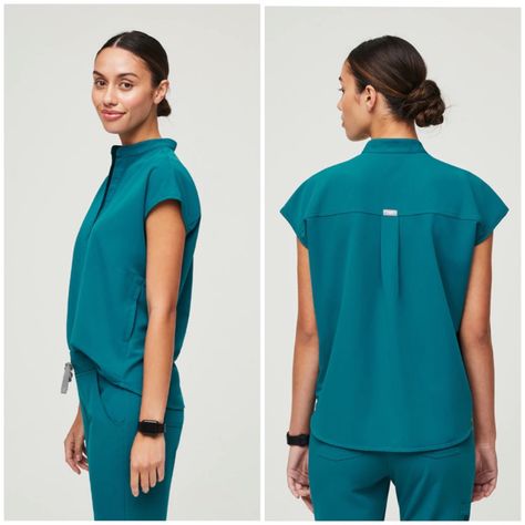 Figs Rafaela Oversized Scrub Top In Pacific Blue. See Photos For Details. Figs Rafaela Top, Figs Scrubs Colors, Figs Underscrub, Figs Scrubs Outfit, Medical Professional Outfits, Med Aesthetic, Unique Scrubs, Medical Scrubs Fashion, Disney Scrubs