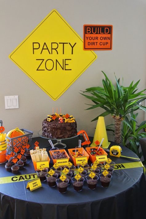 Construction Birthday Party Dessert Table, Build Your Own Dirt Cup, Cupcakes, Costco Cake, Party Zone Sign 4de Verjaardag, Construction Theme Birthday Party, Reese's Pieces, Construction Theme Party, Party Zone, Construction Birthday Party, Birthday Party Desserts, Party Dessert Table, Sausage Balls