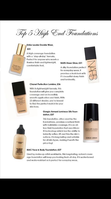 My top 5 high end foundations Best High End Foundation, High End Foundation, Shades Of Foundation, High End Makeup Products, Best High End Makeup, Top Foundations, Nars Foundation, Nars Sheer Glow, High Coverage Foundation