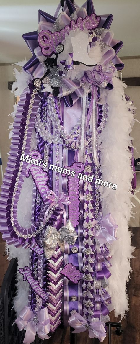 Lavender Mums Homecoming, Purple Hoco Mums, Purple And White Homecoming Mum, Purple Homecoming Mum, Purple Mums Homecoming, Purple Quinceanera Theme, Purple Hoco, Hoco Mums, Homecoming Mums Senior